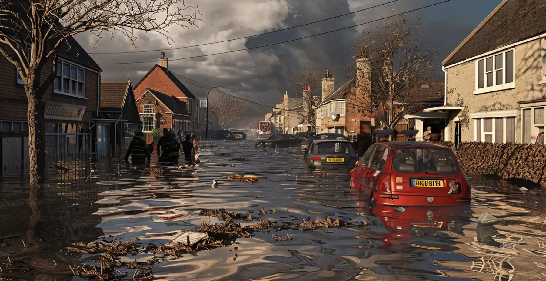 Urban street completely flooded following a severe storm.